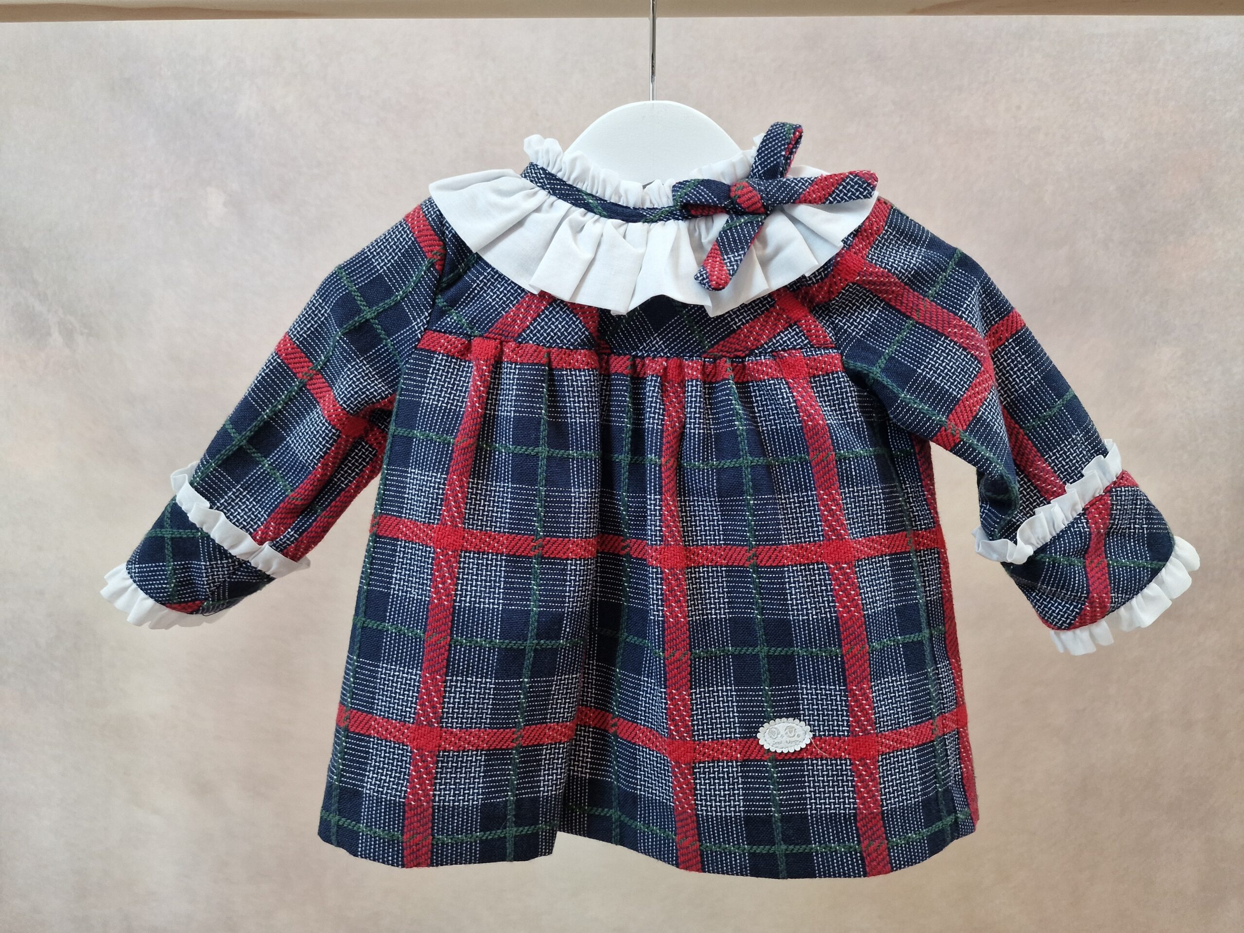 Vestido bebé xadrez com gola branca e laço lateral - Imagem de 2