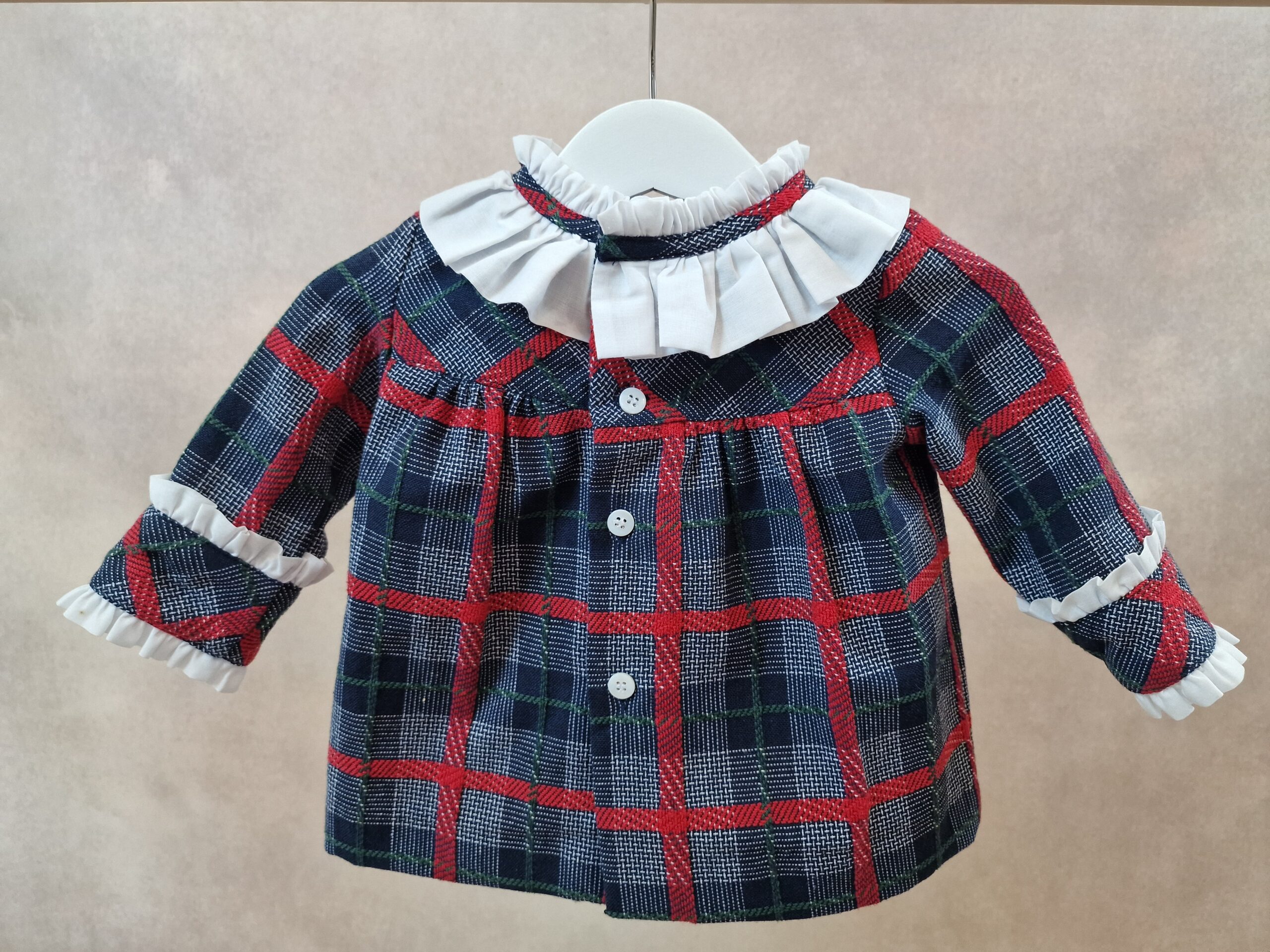 Vestido bebé xadrez com gola branca e laço lateral - Imagem de 3