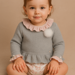 Conjunto Cinza com Gola Rosa e Cavalinhos