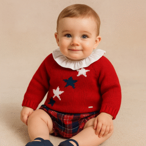 Conjunto menina vermelho e azul com estrelas