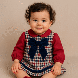 Vestido menina xadrez vermelho e azul com laço