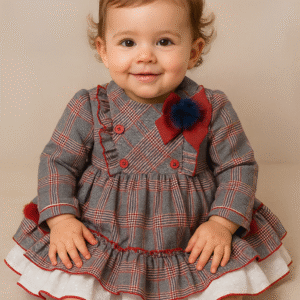 Vestido menina xadrez vermelho com laço e pompom