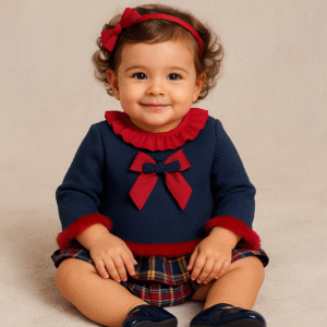 Conjunto menina azul e vermelho com tapa-fralda xadrez