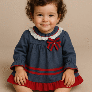Vestido menina azul com laço e renda