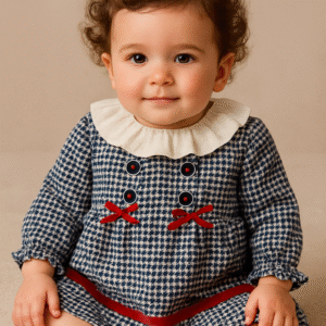 Vestido menina pied-de-poule com gola e laços vermelhos