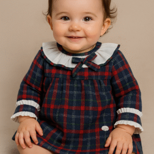 Vestido bebé xadrez com gola branca e laço lateral
