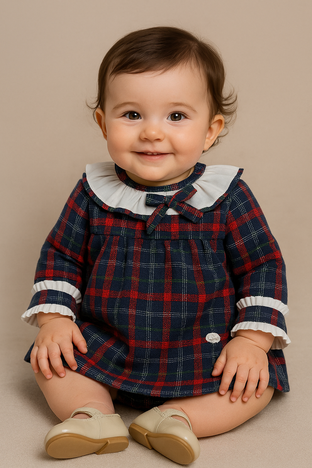 Vestido bebé xadrez com gola branca e laço lateral