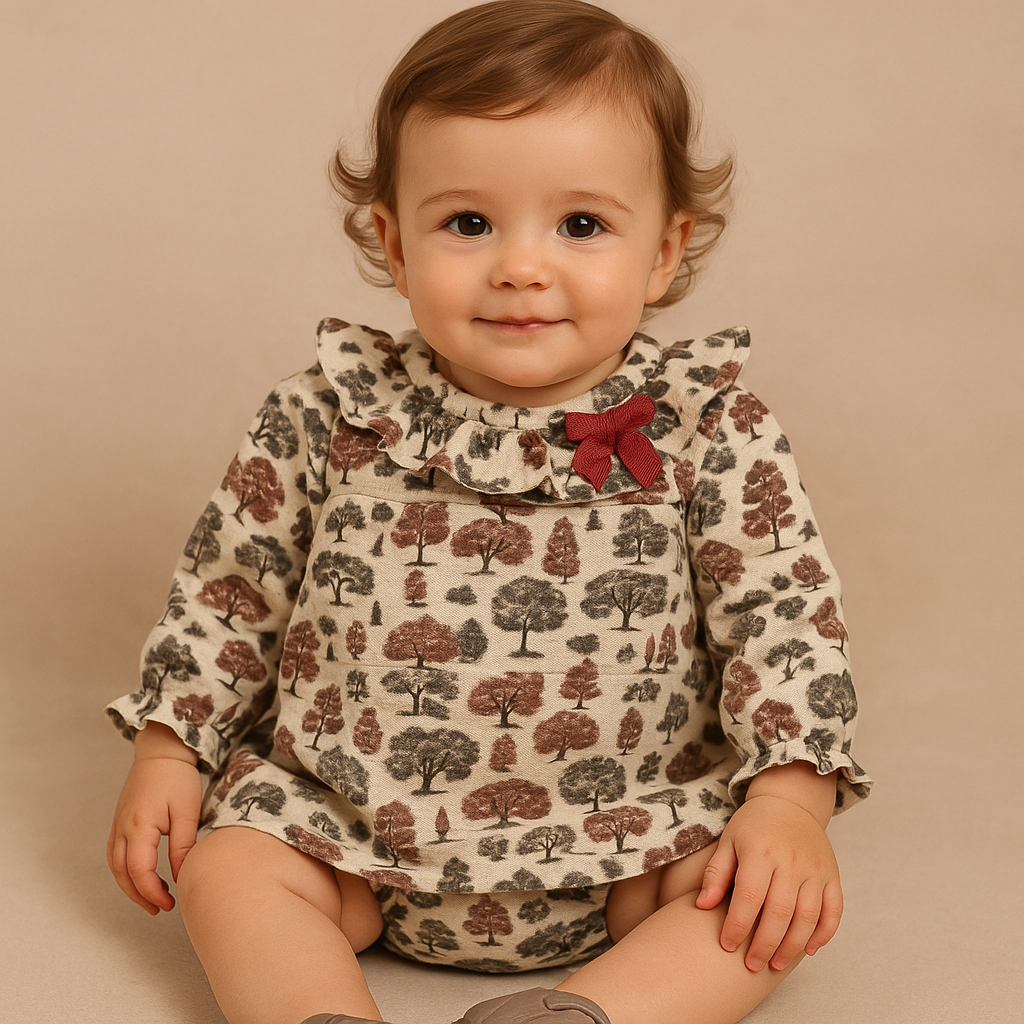 Vestido bebé estampado com folho e tapa-fralda