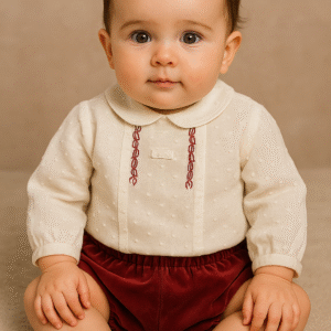 Conjunto bebé com blusa bordada e calção em veludo