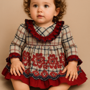 Vestido menina xadrez com bordado floral e laço