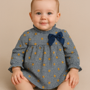 Vestido pied-de-poule com laço azul