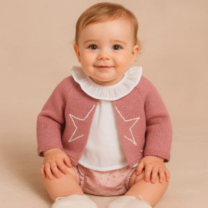 Conjunto rosa com casaquinho tricot estrelas