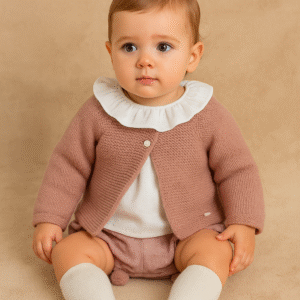 Conjunto rosa com casaco tricot e cueca pompons