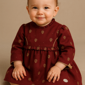 Vestido menina bordô com pinhas douradas