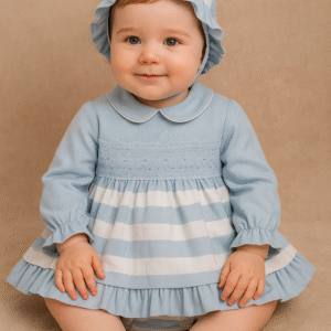 Vestido menina azul às riscas com tapa-fralda e capuz